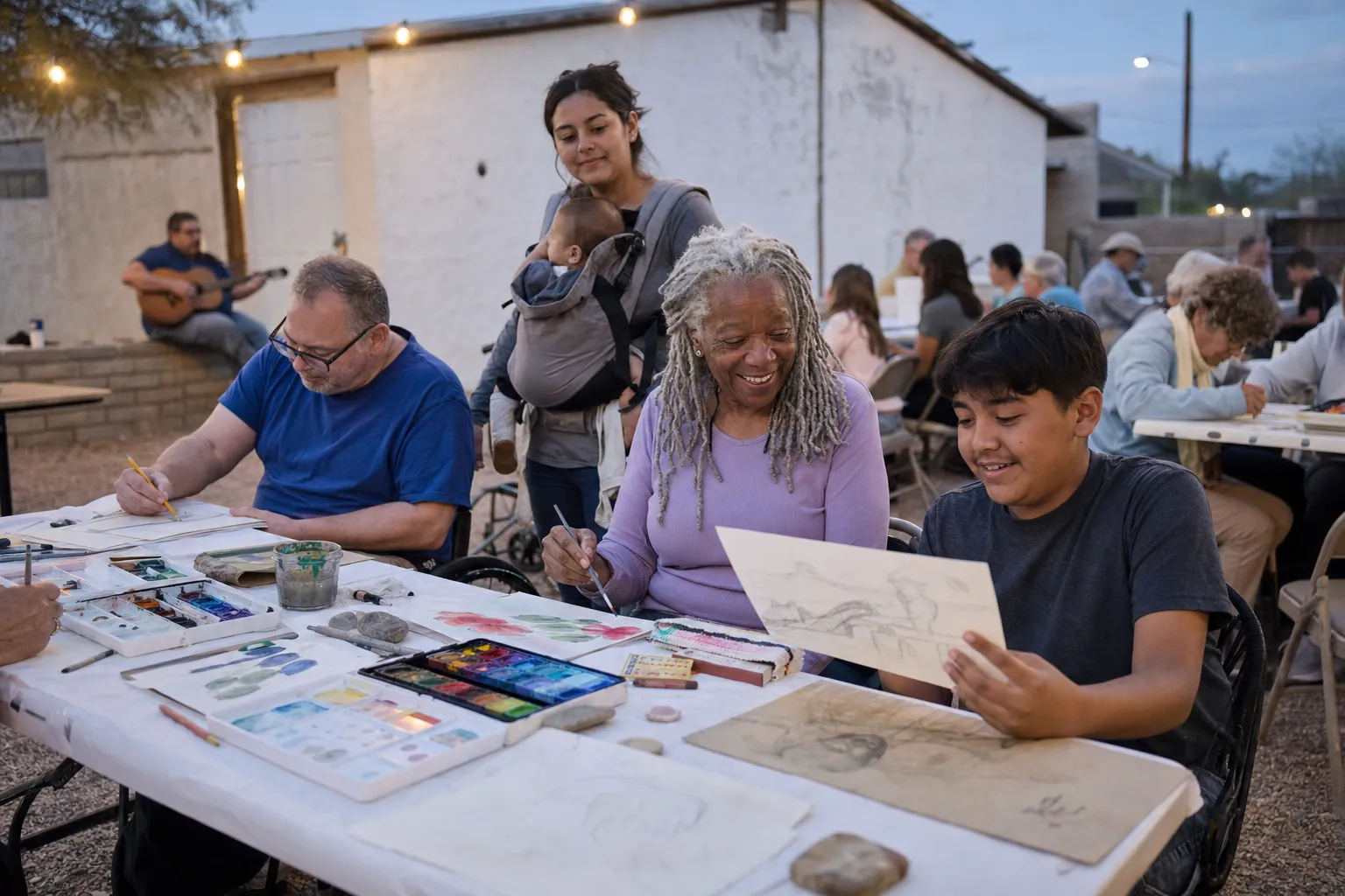 People painting at folding tables in a courtyard at dusk: an older woman, a teenage boy showing his drawing, a man in a wheelchair
