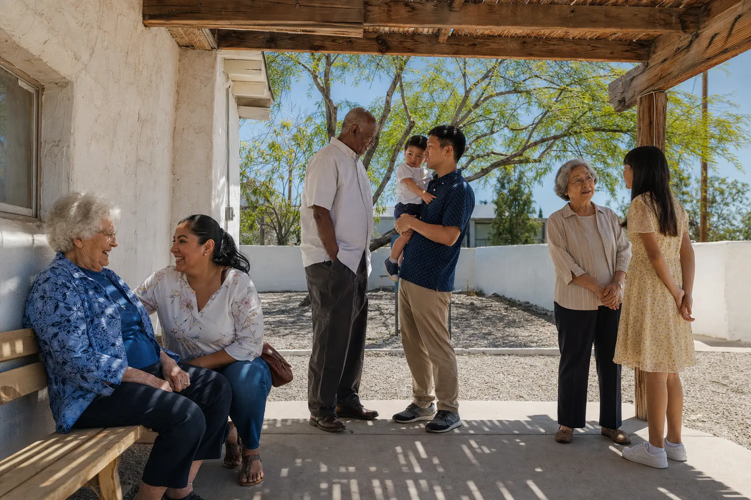 People talking under a slatted wooden ramada: two women laughing on a bench, a young man holding a toddler, an older man, and an older woman with a girl