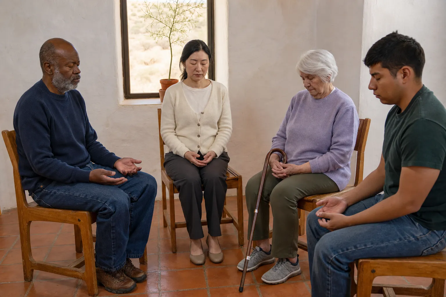 Four people of different ages sitting on wooden chairs in a whitewashed room with their eyes closed